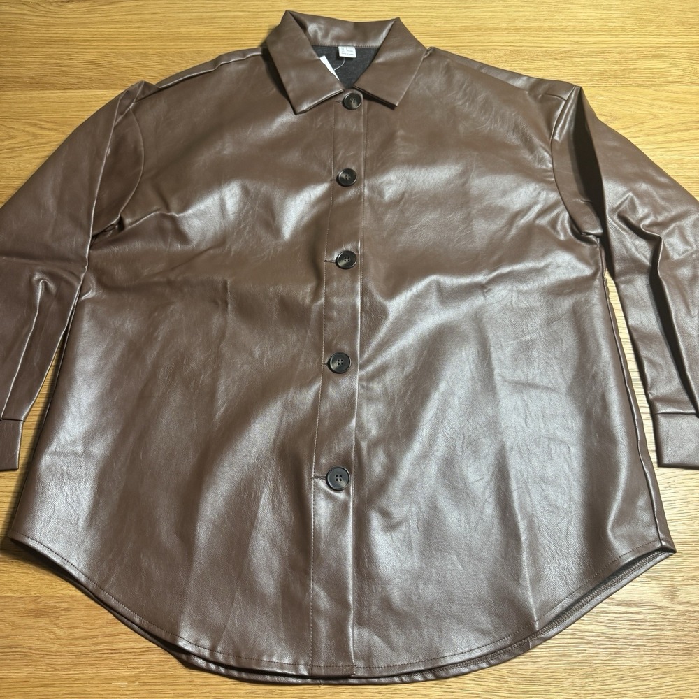 NEW Women's Brown Pleather Leather Like Oversized Shirt - Size Small